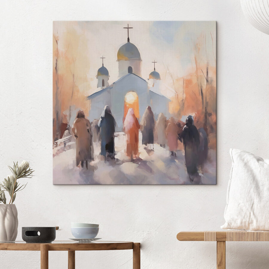Gruppe von Menschen, die vor einer Kirche gehen