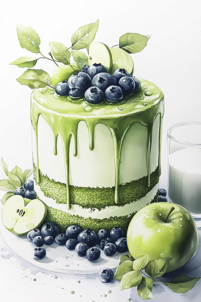 Cake with green icing and apples