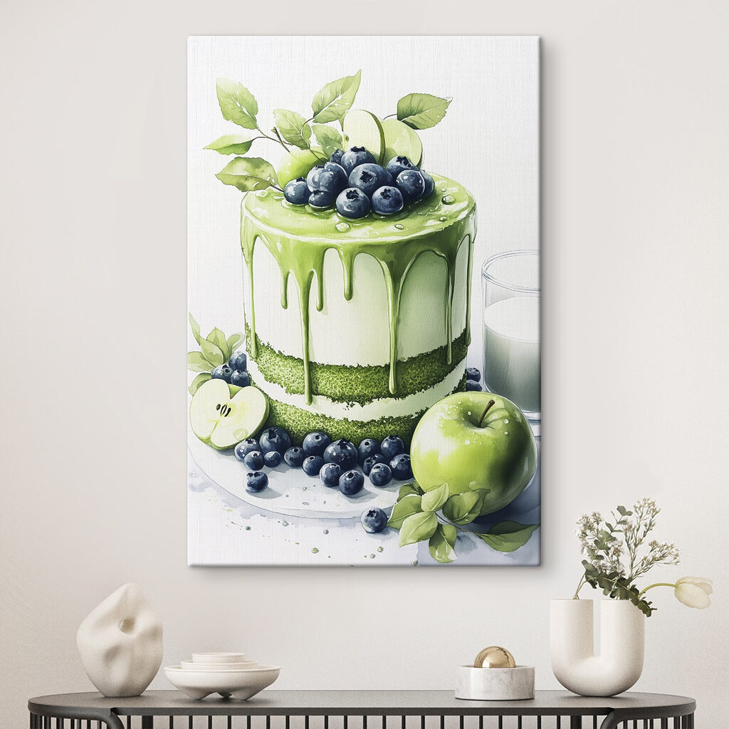 Cake with green icing and apples