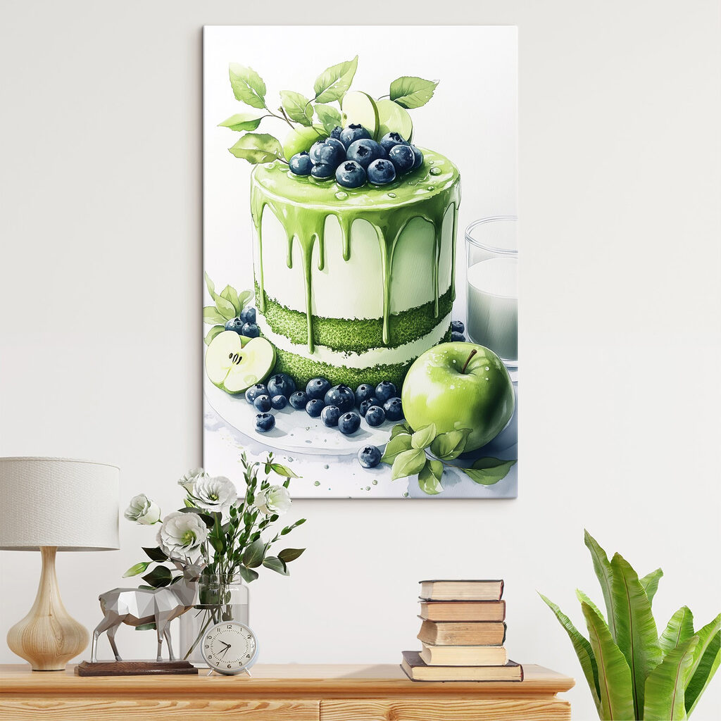 Cake with green icing and apples