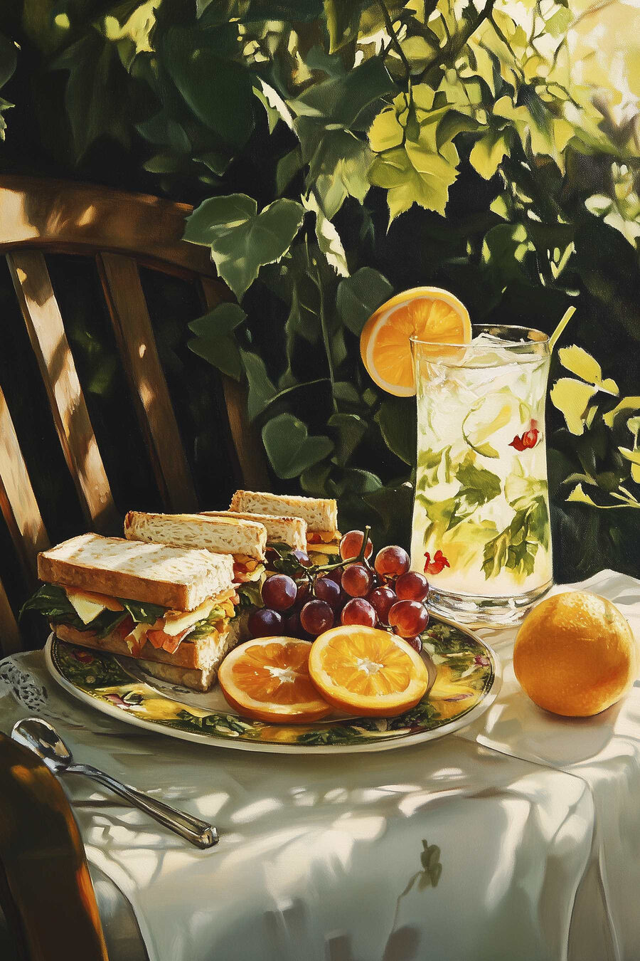 Teller mit belegten Brötchen und Obst auf einem Tisch