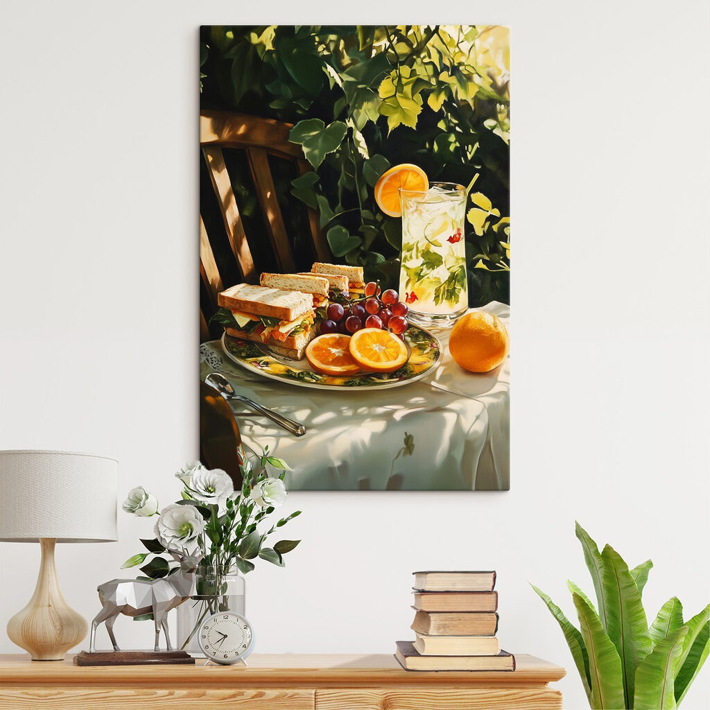 Plate of sandwiches and fruit on a table