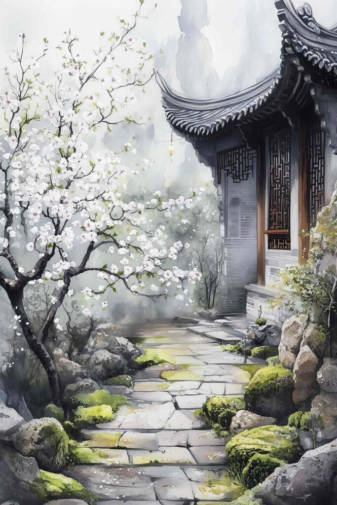 Painting of a building with a tree and flowers