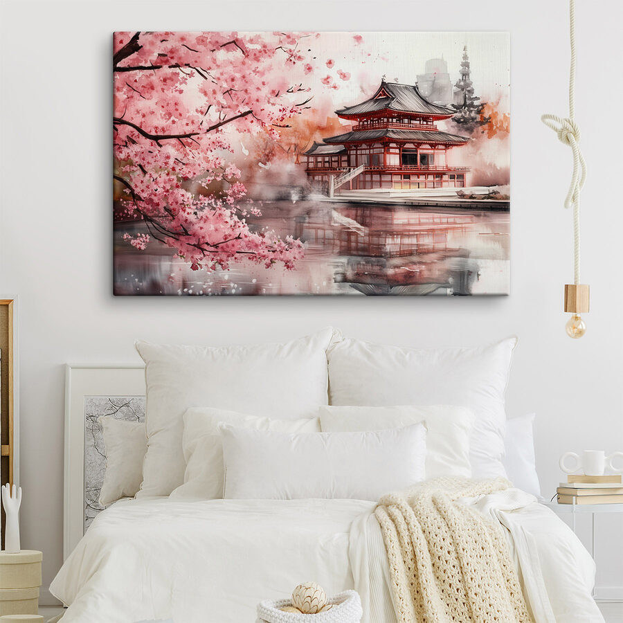 Aquarellmalerei eines Gebäudes und eines Kirschblütenbaums Aquarellmalerei eines Gebäudes und eines Kirschblütenbaums