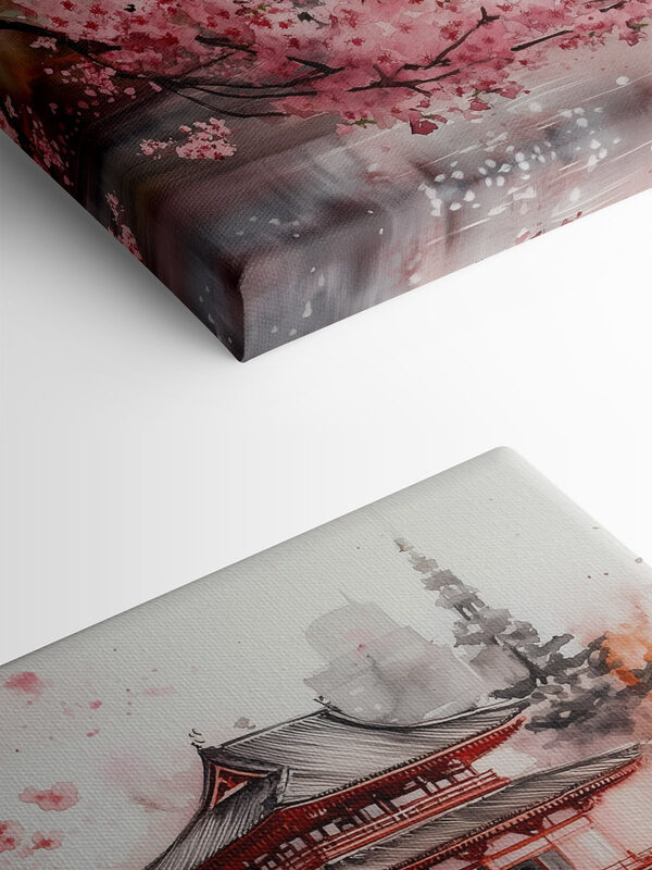 Aquarellmalerei eines Gebäudes und eines Kirschblütenbaums Aquarellmalerei eines Gebäudes und eines Kirschblütenbaums