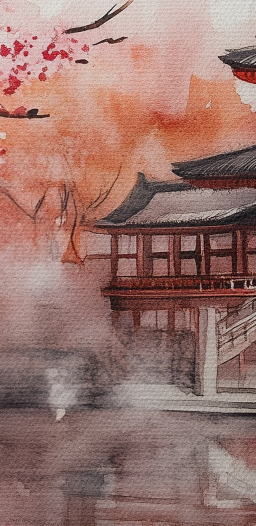 Aquarellmalerei eines Gebäudes und eines Kirschblütenbaums Aquarellmalerei eines Gebäudes und eines Kirschblütenbaums