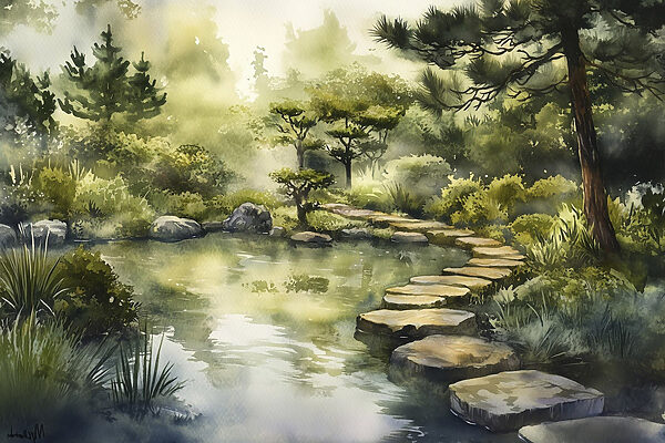Aquarell eines Weges, der zu einem Teich führt Aquarell eines Weges, der zu einem Teich führt