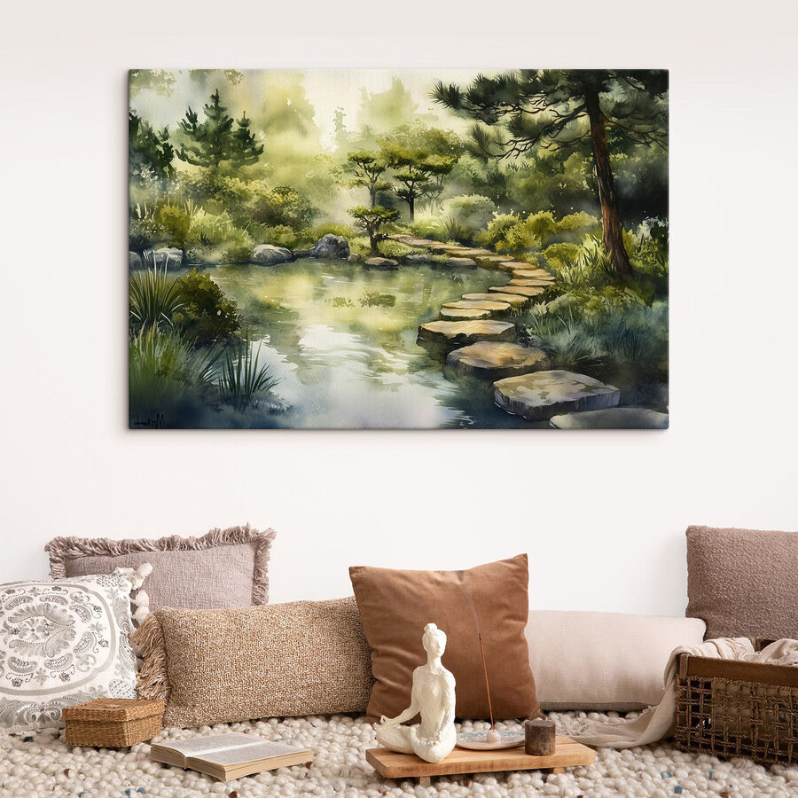 Aquarell eines Weges, der zu einem Teich führt