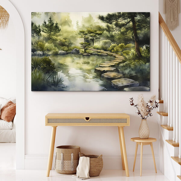 Aquarell eines Weges, der zu einem Teich führt Aquarell eines Weges, der zu einem Teich führt