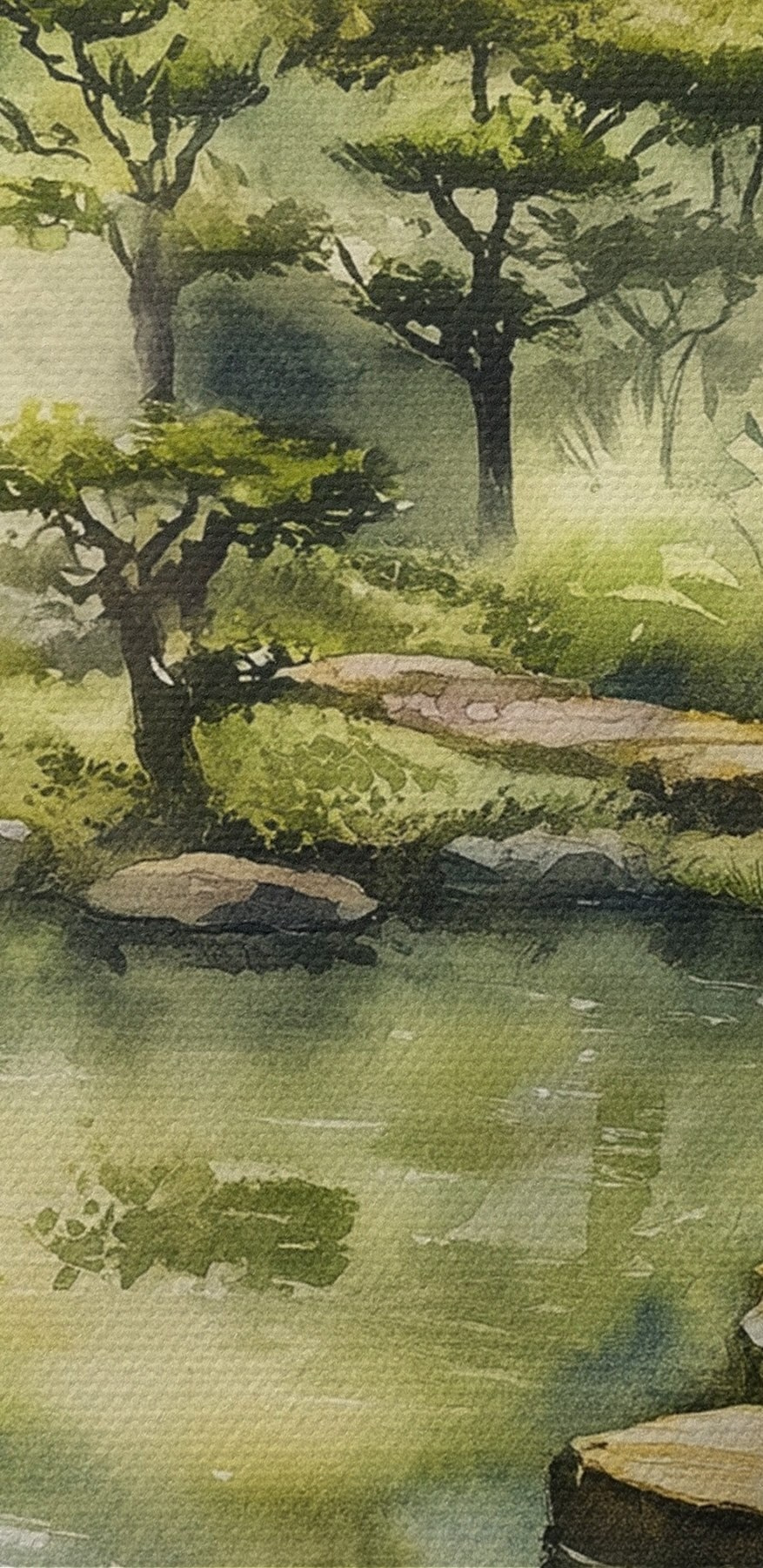 Aquarell eines Weges, der zu einem Teich führt