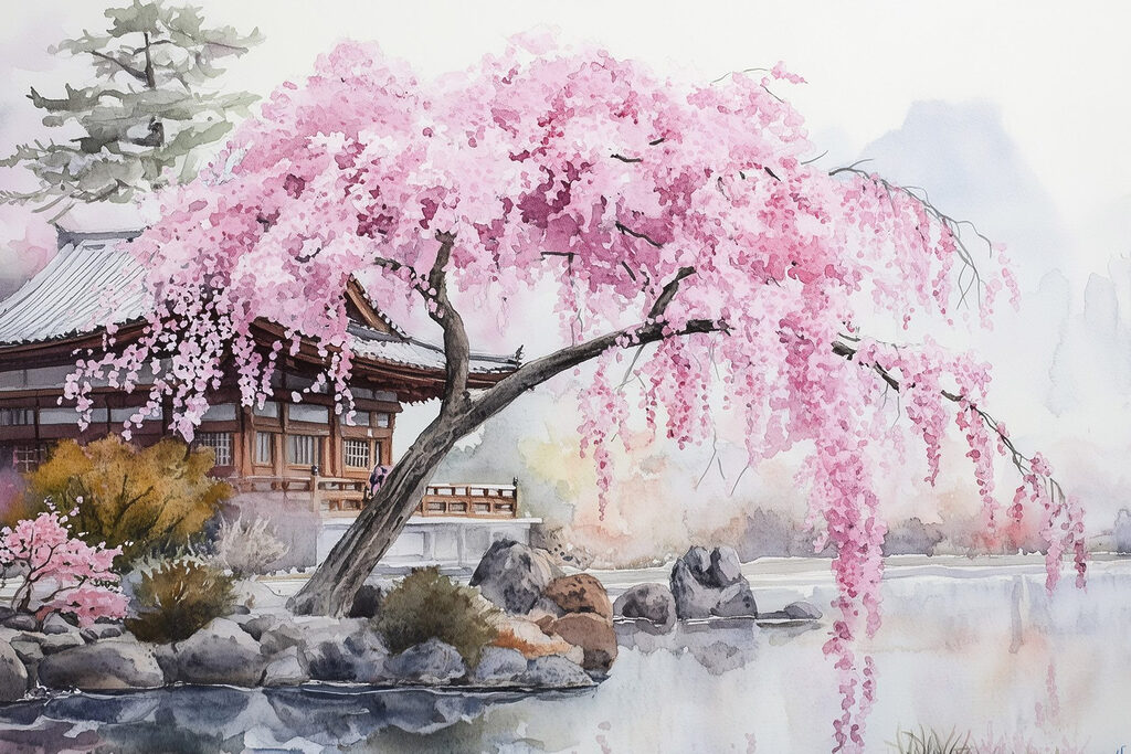 Watercolor painting of a tree with pink flowers