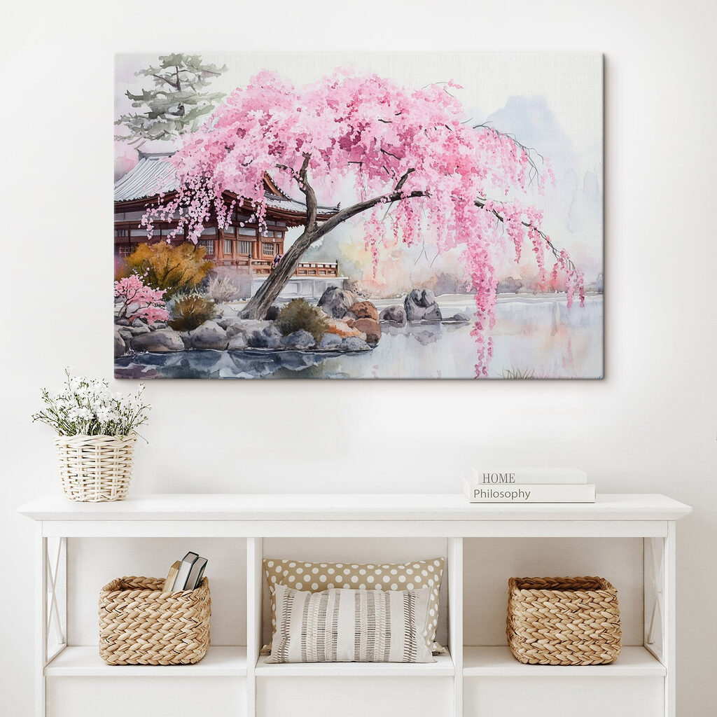 Watercolor painting of a tree with pink flowers