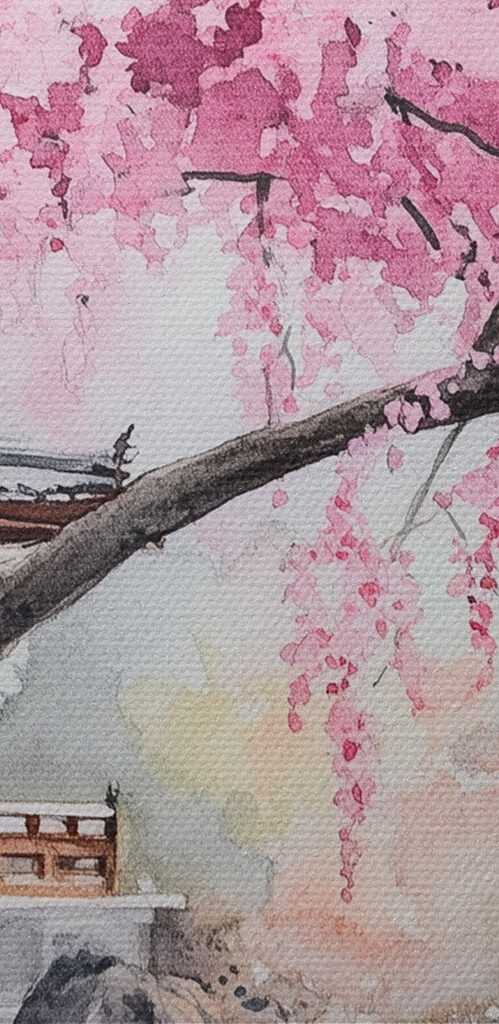 Watercolor painting of a tree with pink flowers