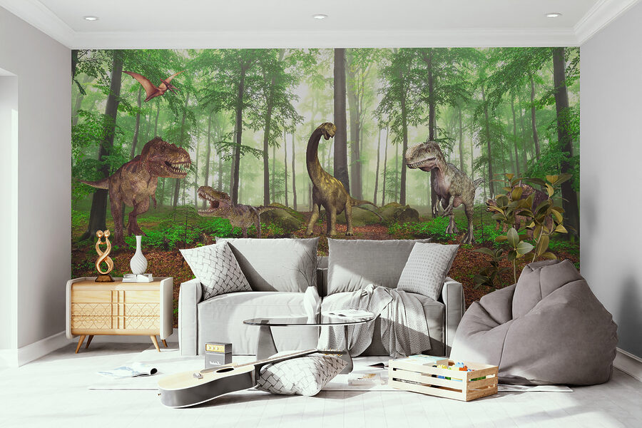 Gruppe von Dinosauriern in einem Wald