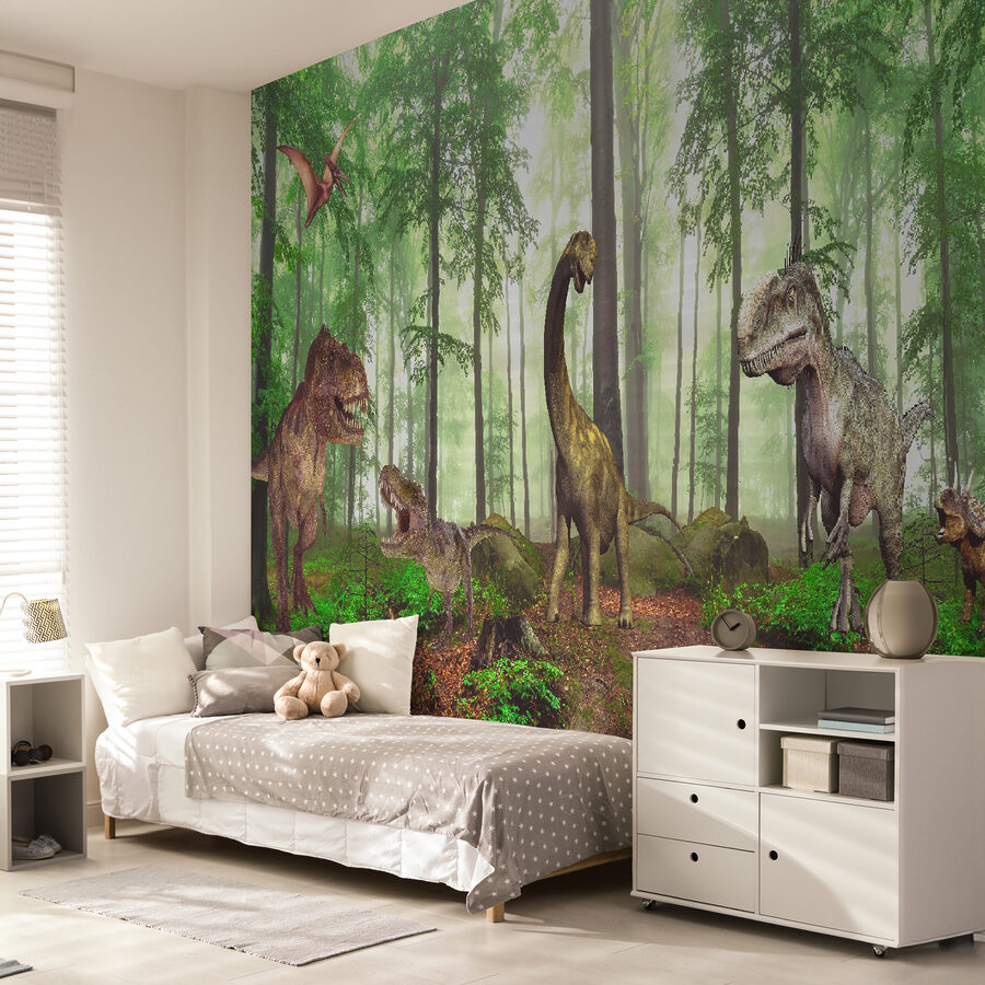 Gruppe von Dinosauriern in einem Wald