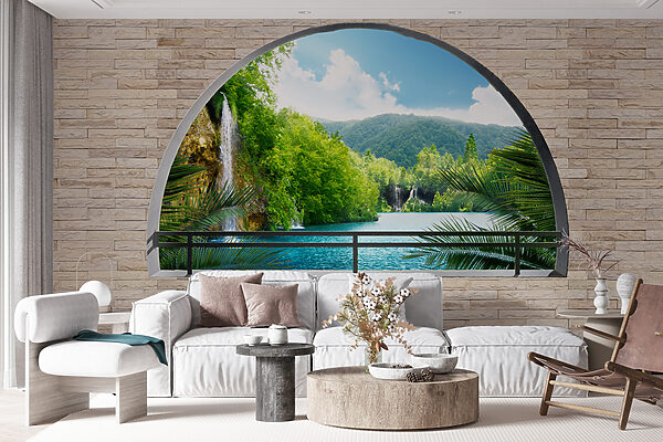 Fenster mit einem Wasserfall und Bäumen Fenster mit einem Wasserfall und Bäumen
