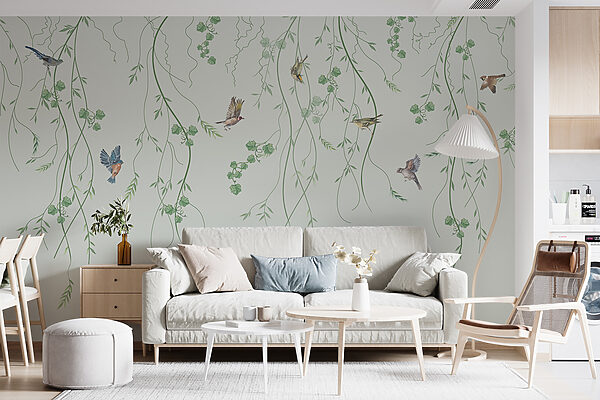 Wallpaper with birds and vines