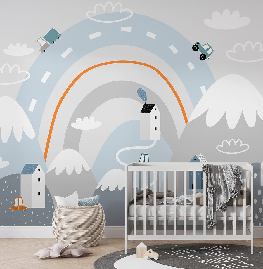 Cartoon einer Straße mit Häusern und Regenbogen