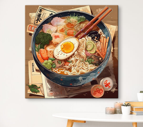 Eine Schüssel Ramen mit Stäbchen und einem Ei Eine Schüssel Ramen mit Stäbchen und einem Ei