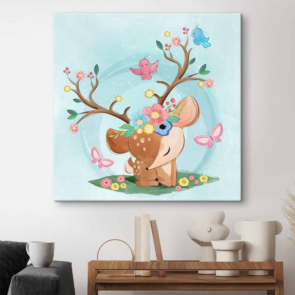 A cartoon deer with flowers and birds