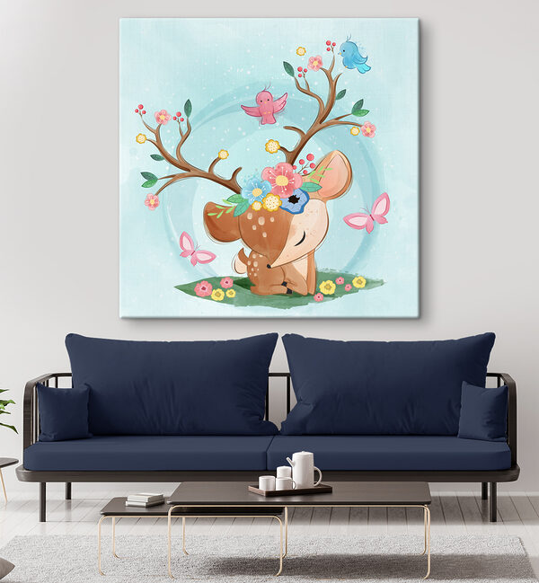 A cartoon deer with flowers and birds