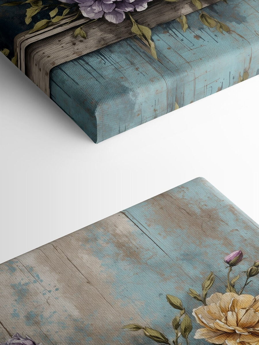 Ein Gemälde mit Blumen auf einem Holzsims Ein Gemälde mit Blumen auf einem Holzsims