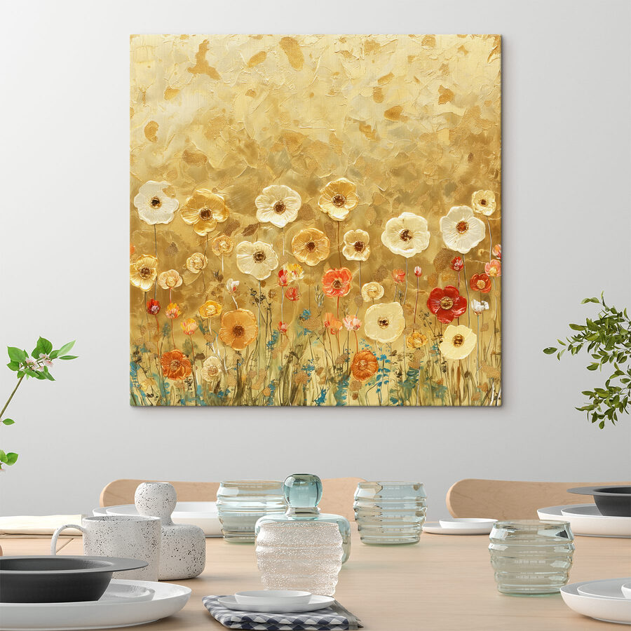 Gemälde mit Blumen an einer Wand