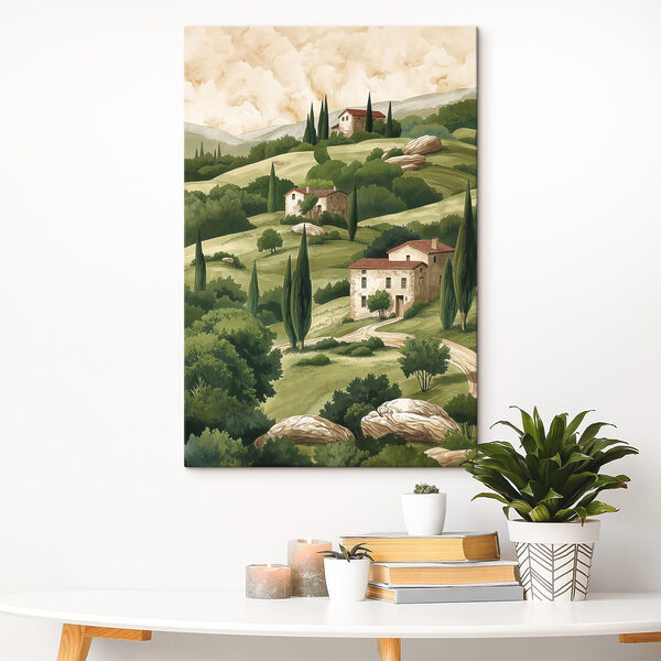 Gemälde einer Landschaft mit Häusern und Bäumen Gemälde einer Landschaft mit Häusern und Bäumen