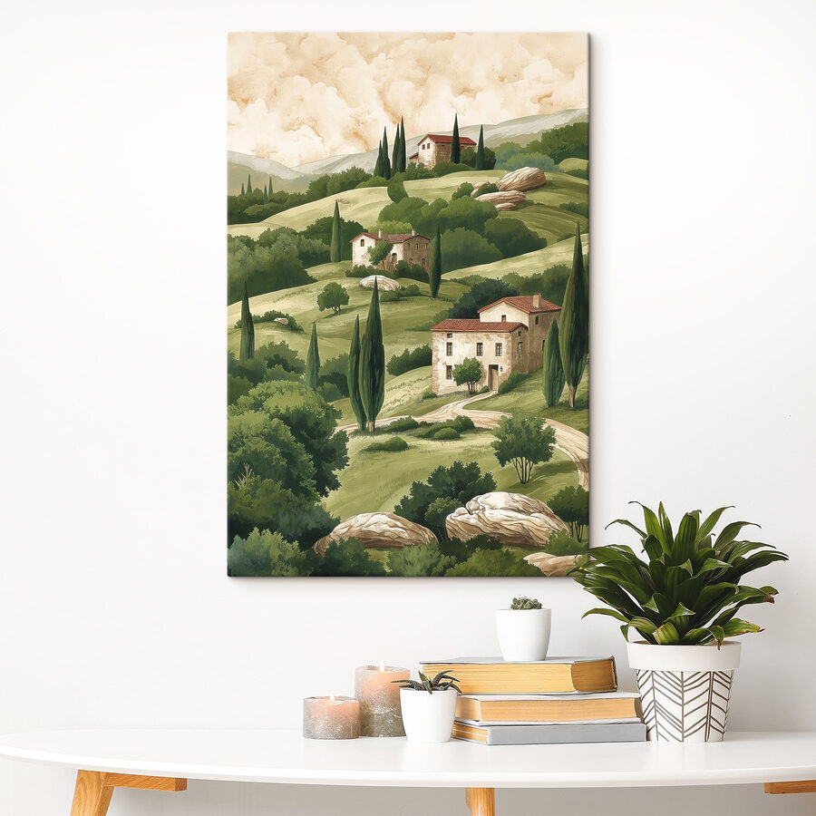 Gemälde einer Landschaft mit Häusern und Bäumen Gemälde einer Landschaft mit Häusern und Bäumen