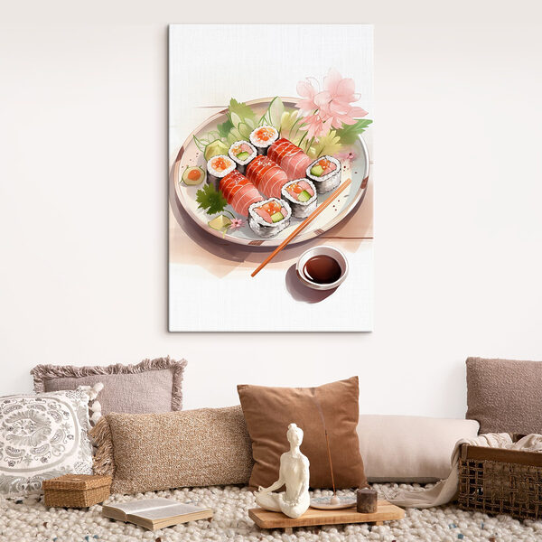 Teller Sushi mit Sauce und Blumen Teller Sushi mit Sauce und Blumen