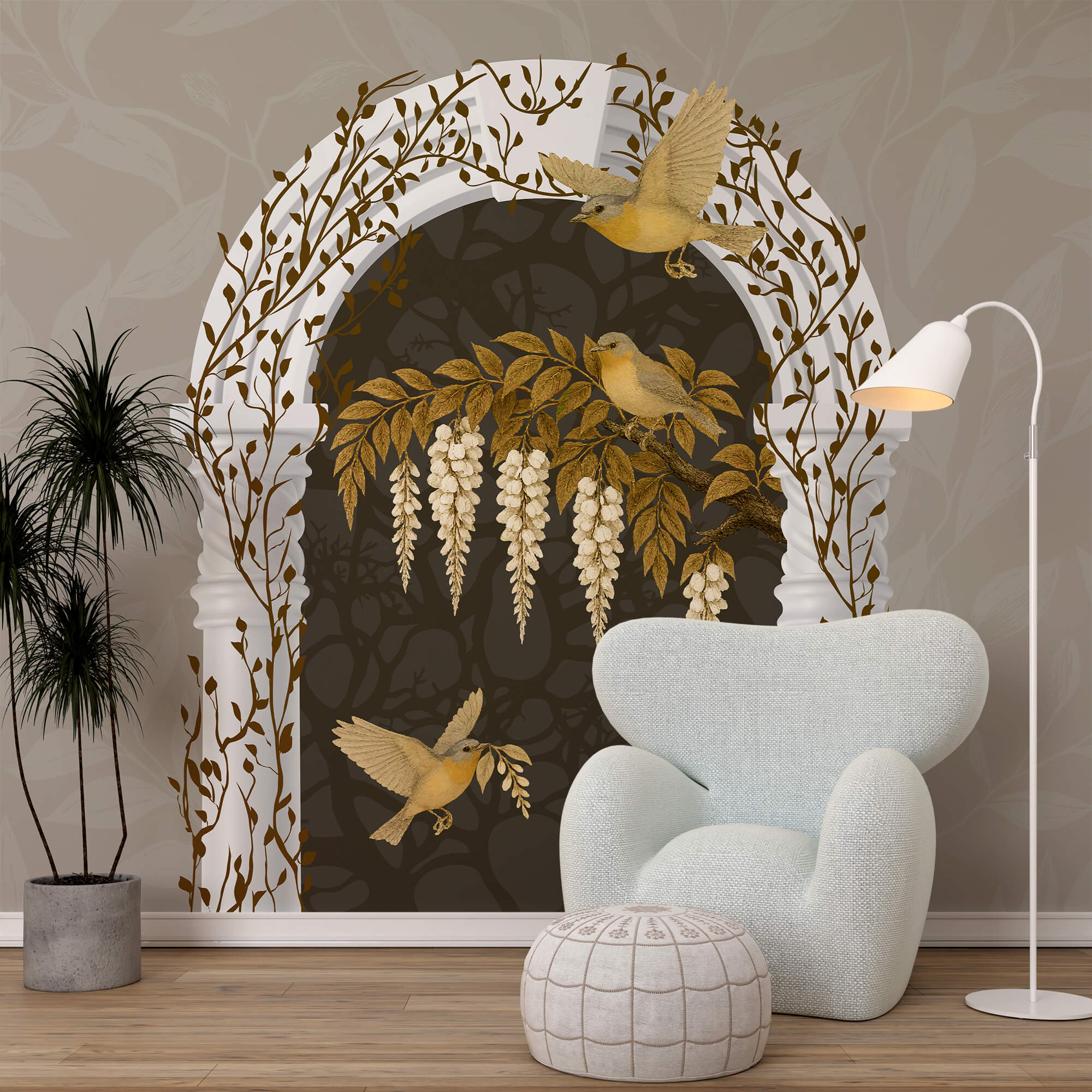 Weißer Bogen mit darüber fliegenden Vögeln