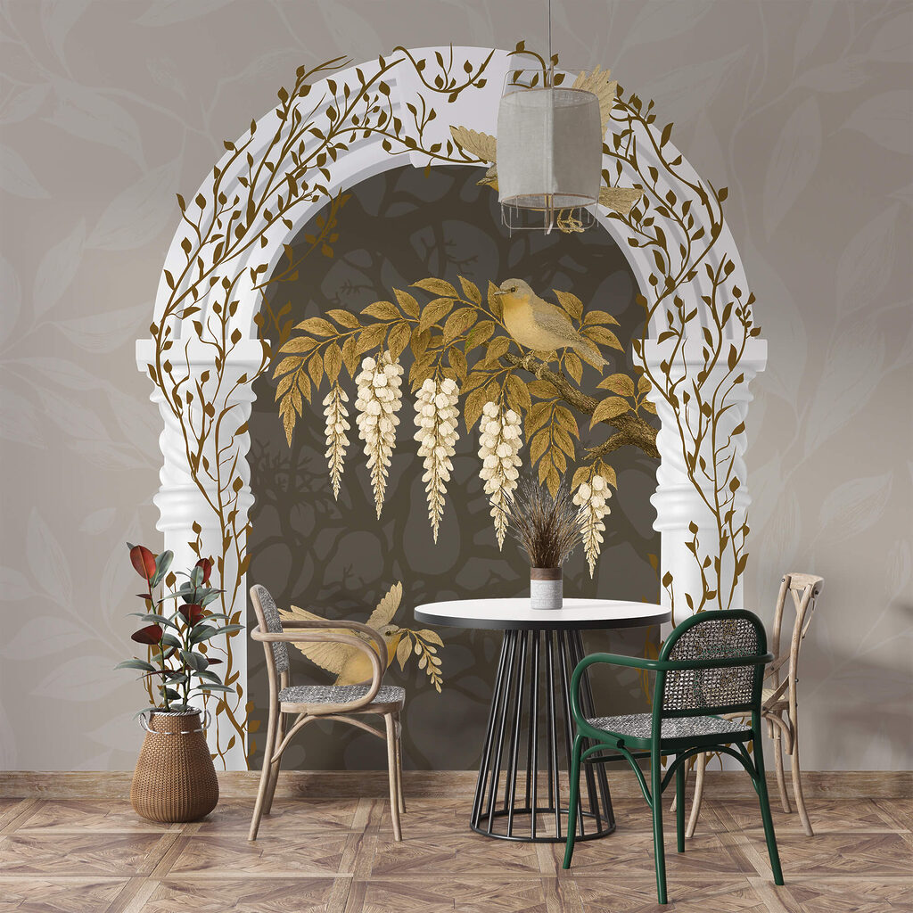 Weißer Bogen mit darüber fliegenden Vögeln