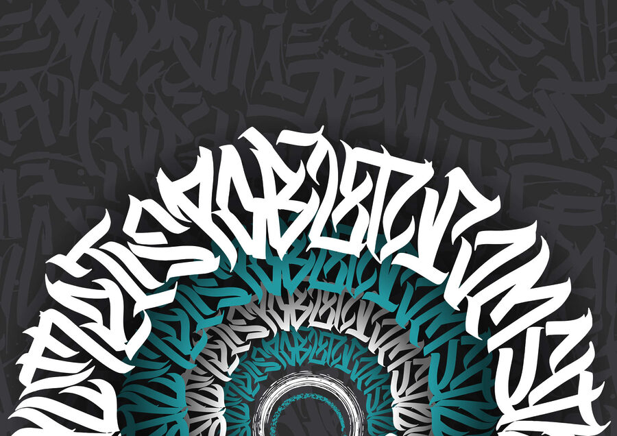 Weißes und blaues Graffiti auf schwarzem Hintergrund