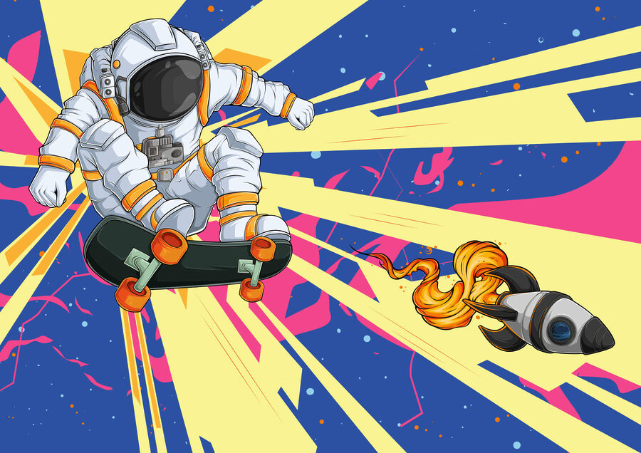Ein Astronaut auf einem Skateboard