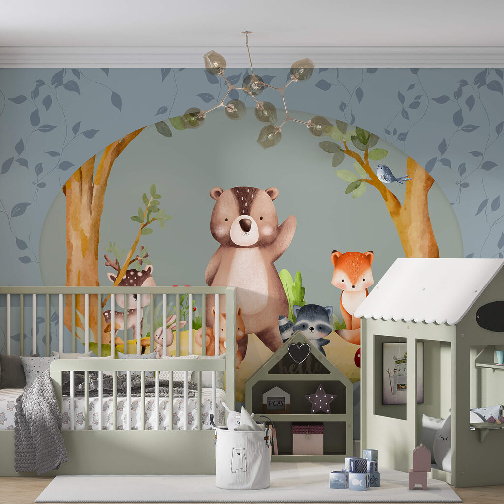 Cartoon von Tieren in einem Wald