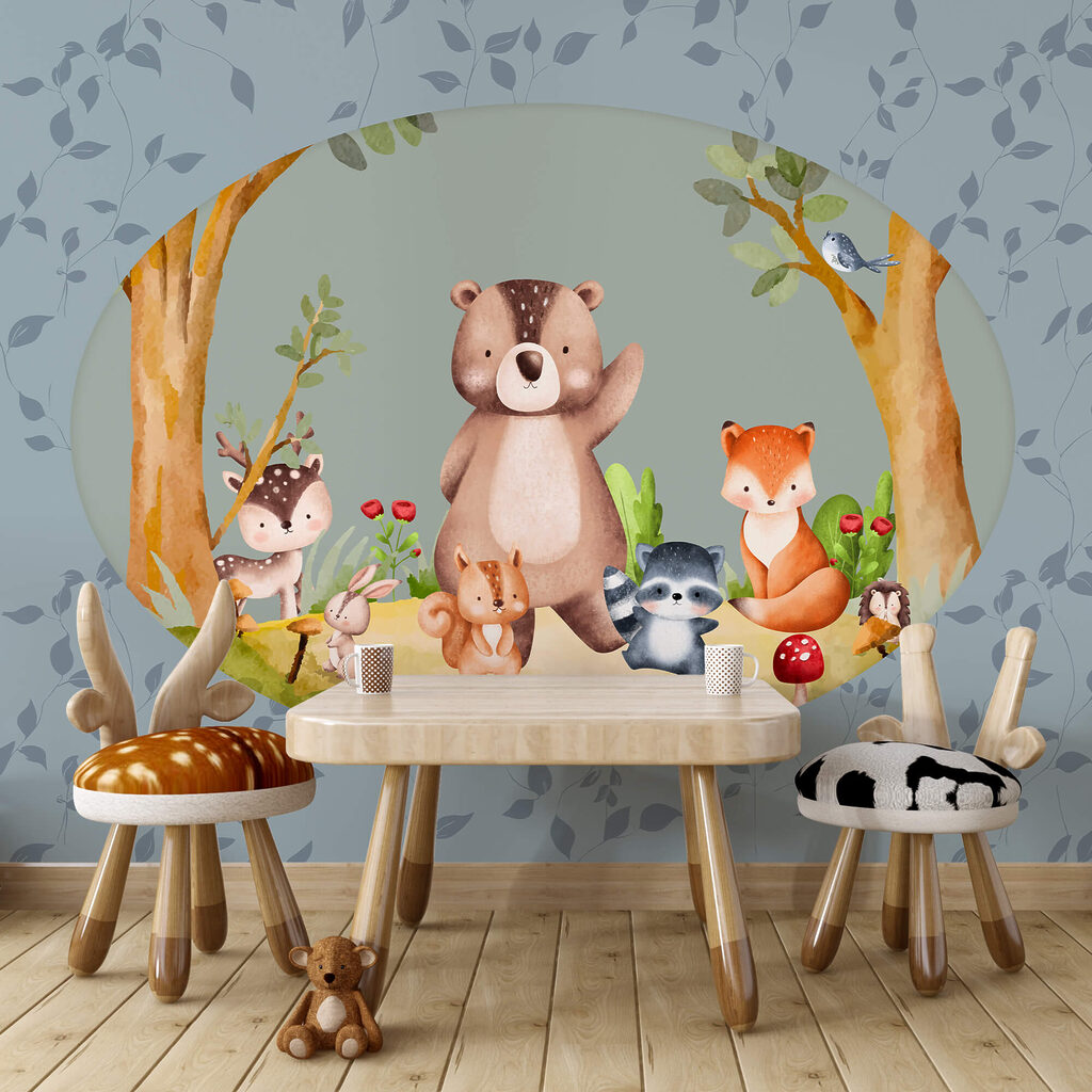 Cartoon von Tieren in einem Wald