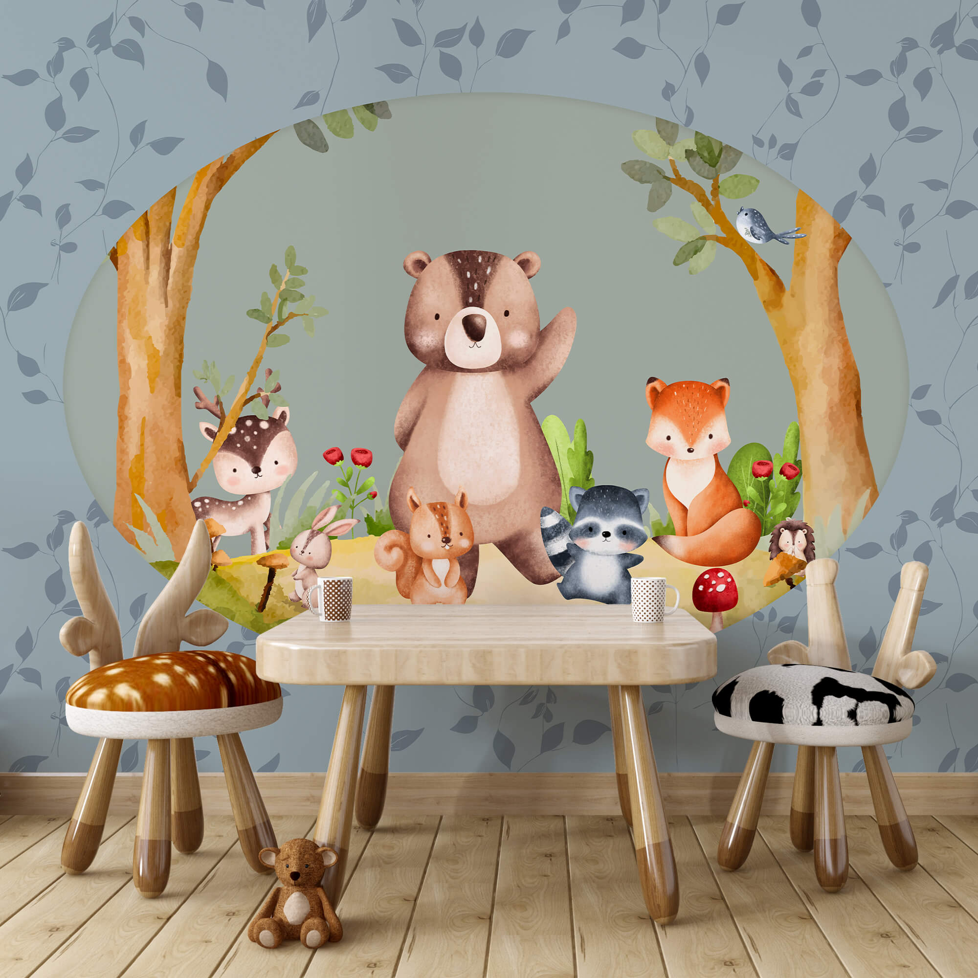 Cartoon von Tieren in einem Wald