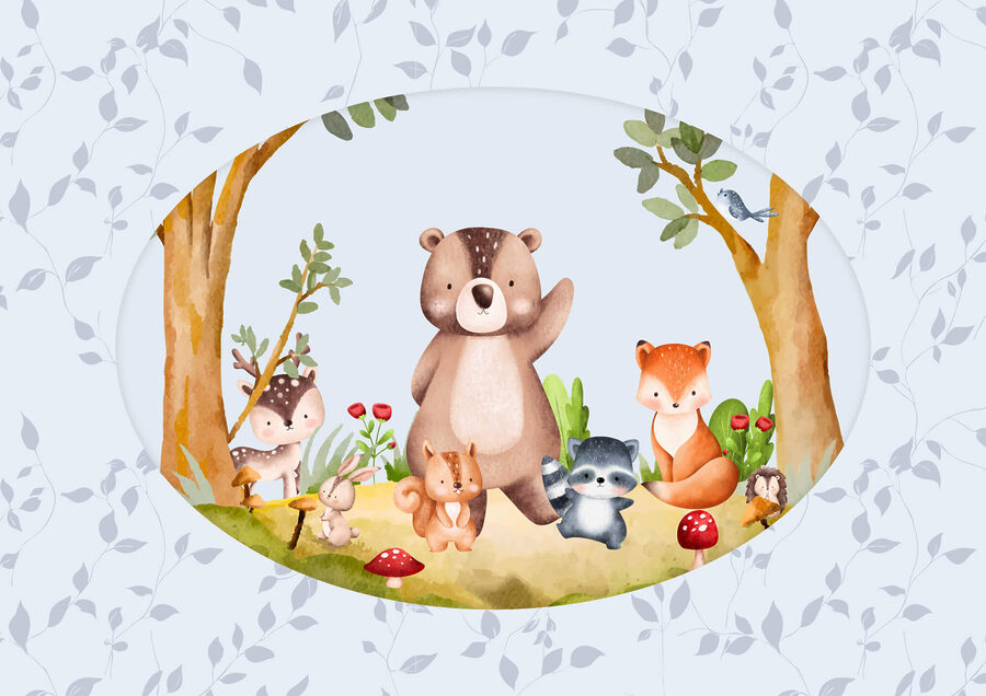 Cartoon von Tieren in einem Wald