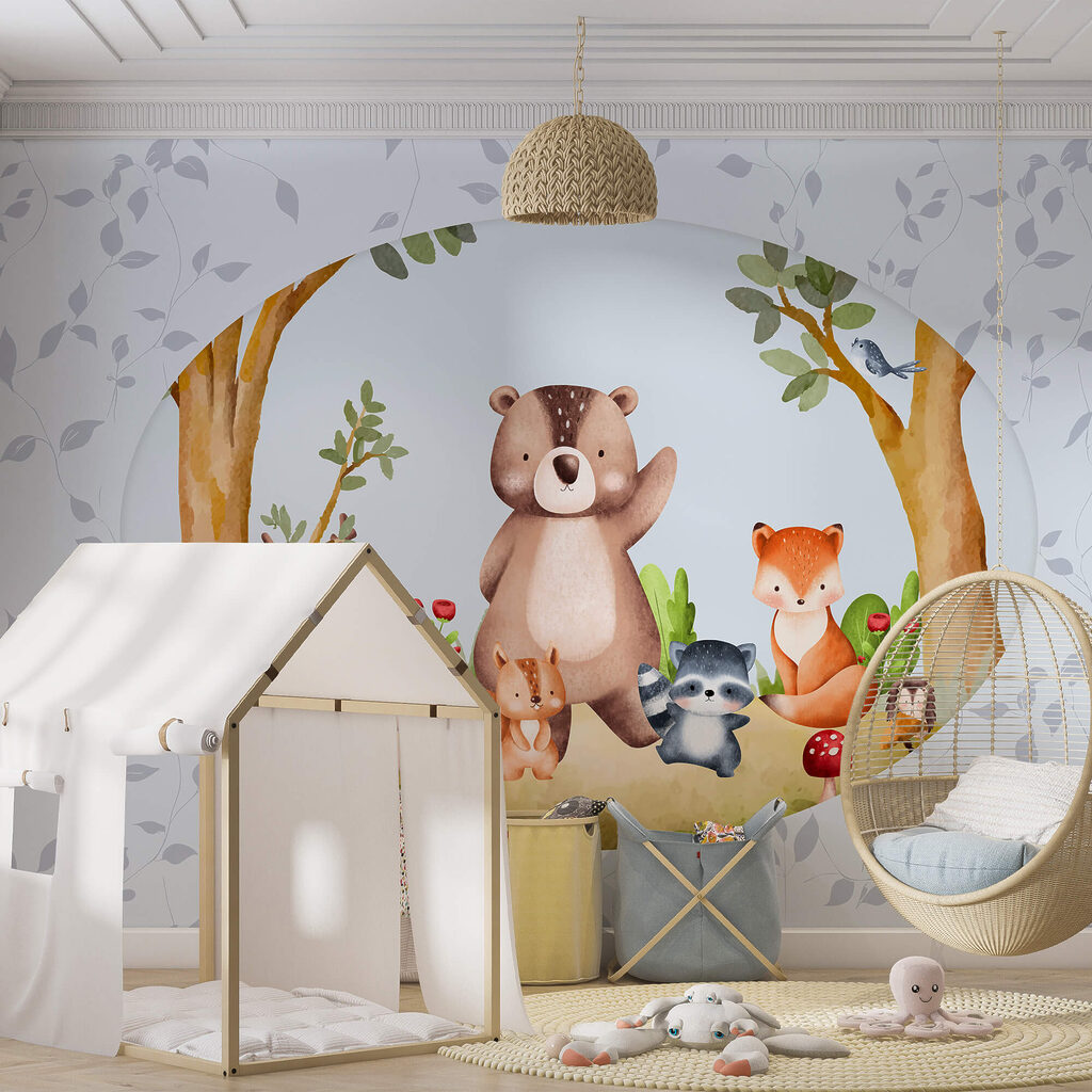 Cartoon von Tieren in einem Wald