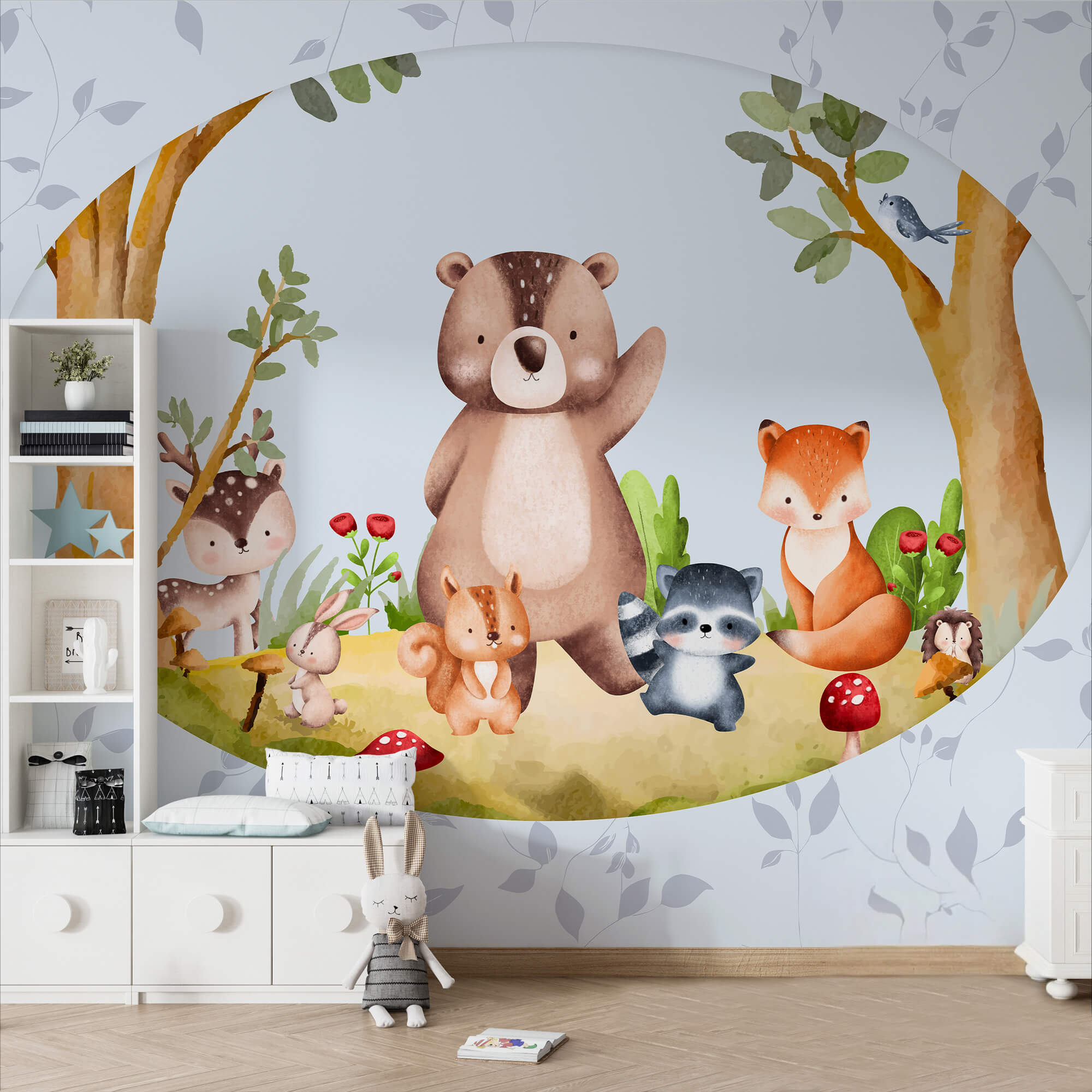 Cartoon von Tieren in einem Wald