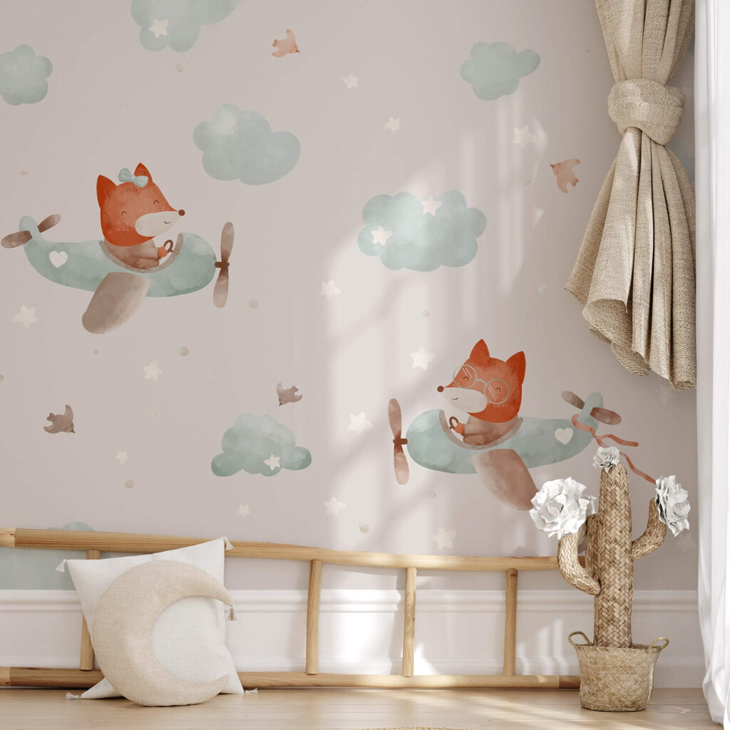 Muster von Füchsen, die auf Flugzeugen fliegen