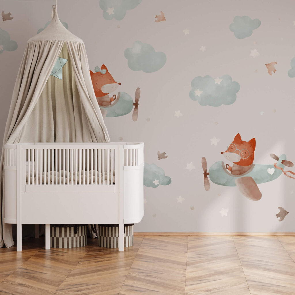 Muster von Füchsen, die auf Flugzeugen fliegen