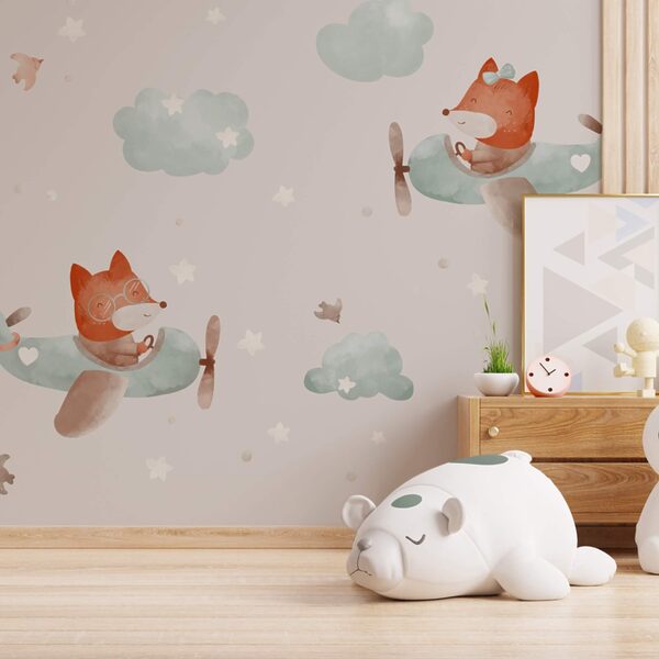 Muster von Füchsen, die auf Flugzeugen fliegen