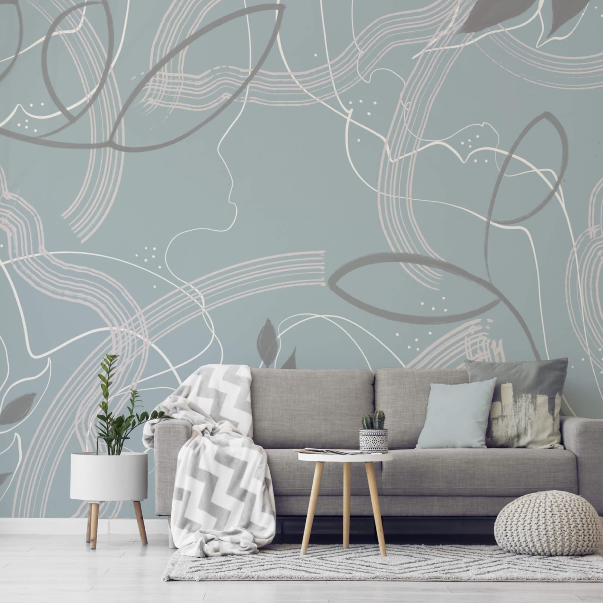 Blauer und weißer Hintergrund mit Blättern und Linien