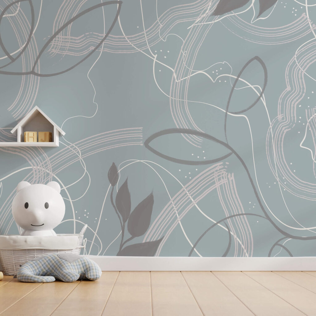 Blauer und weißer Hintergrund mit Blättern und Linien