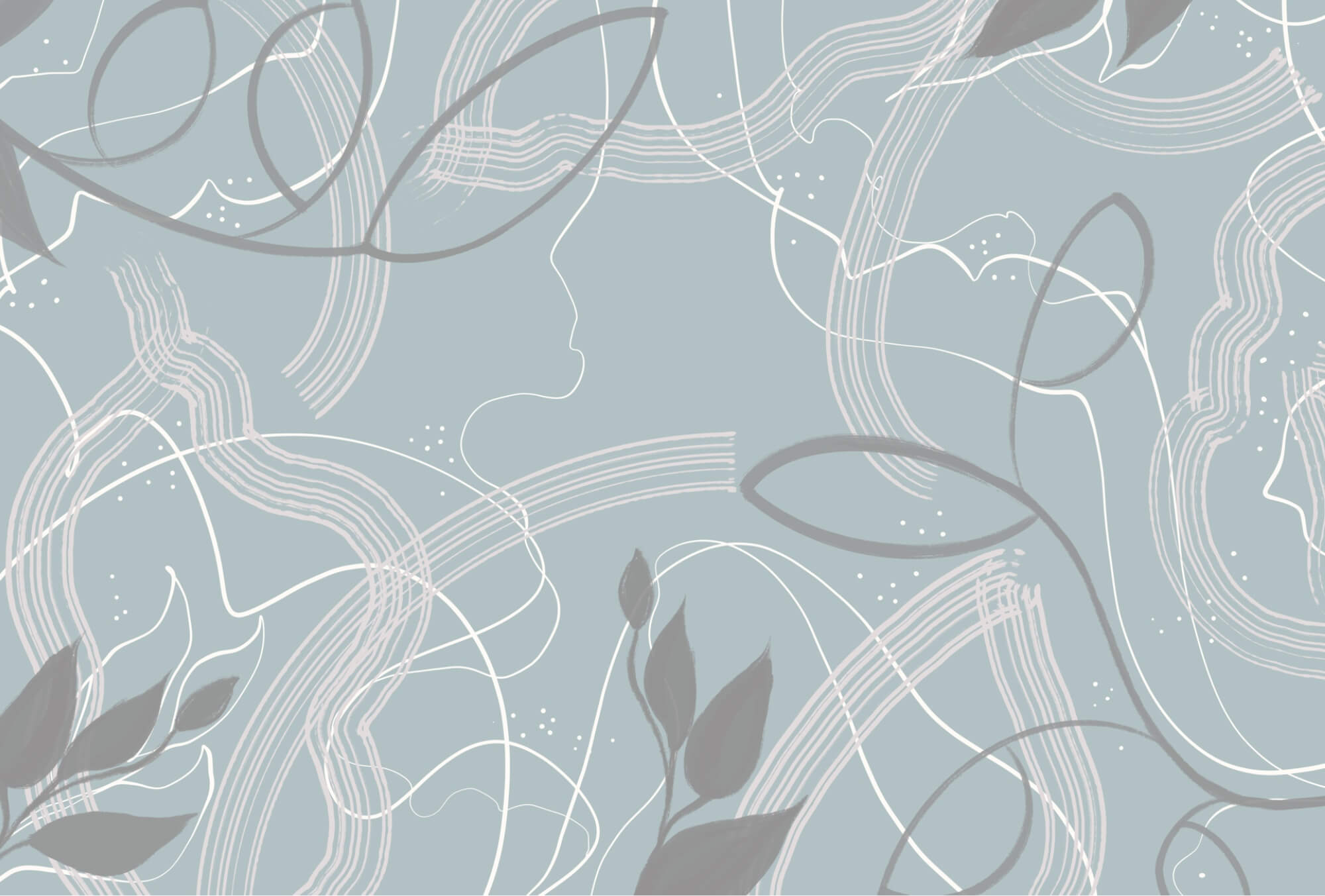 Blue and white background with leaves and lines