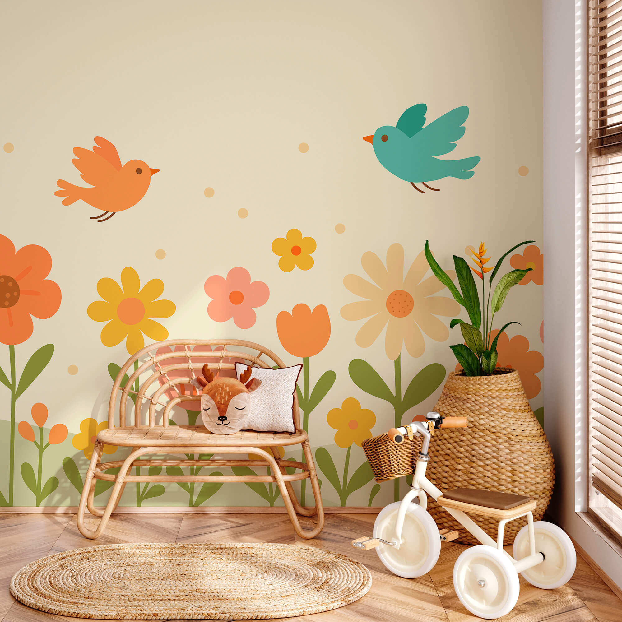 Vögel fliegen über Blumen