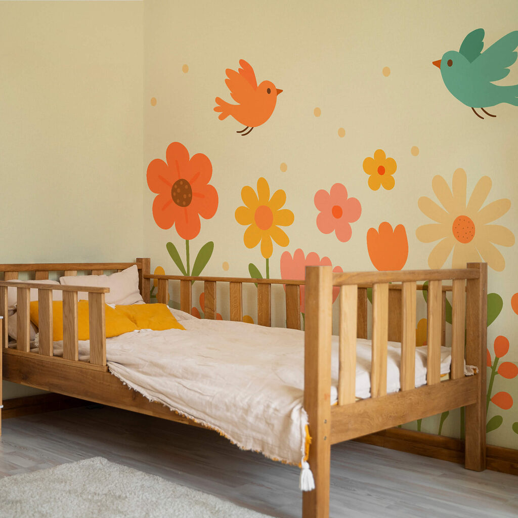 Vögel fliegen über Blumen