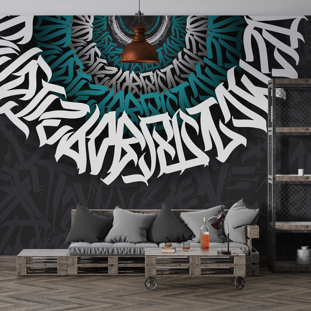 Weißes und blaues Graffiti auf schwarzem Hintergrund Weißes und blaues Graffiti auf schwarzem Hintergrund