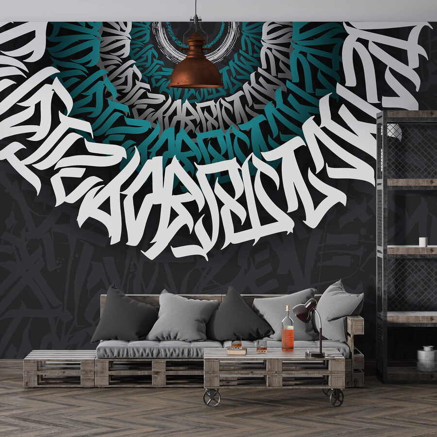 Weißes und blaues Graffiti auf schwarzem Hintergrund